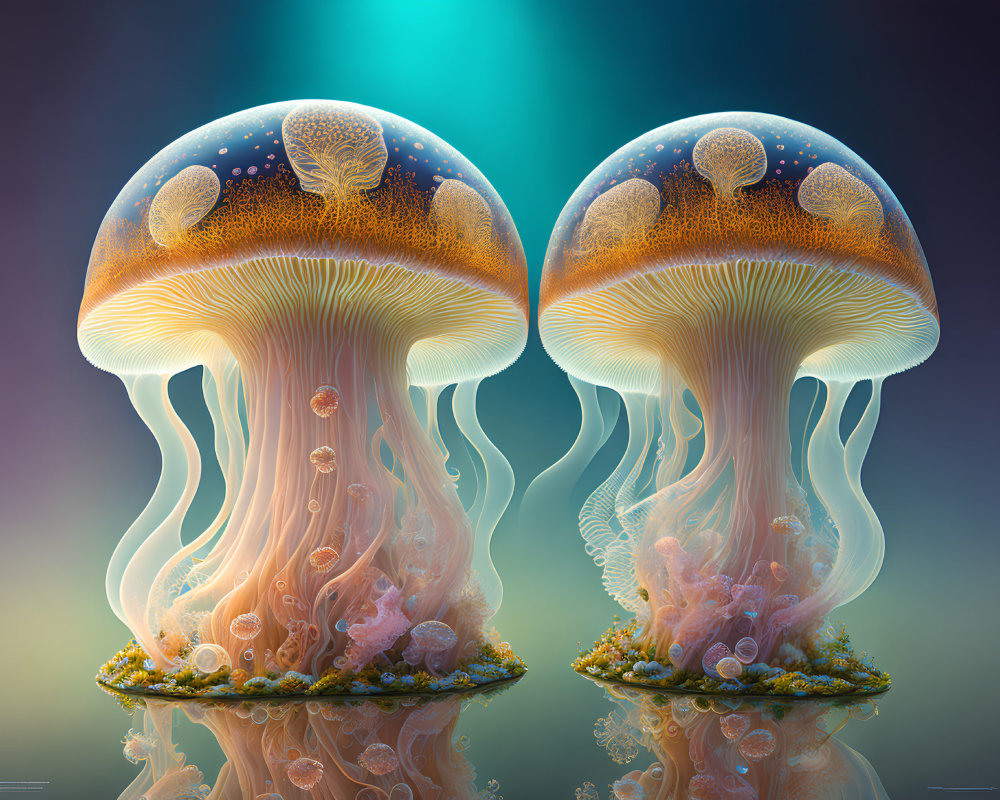 Colorful Digital Illustration of Intricate Jellyfish on Dual-toned Background