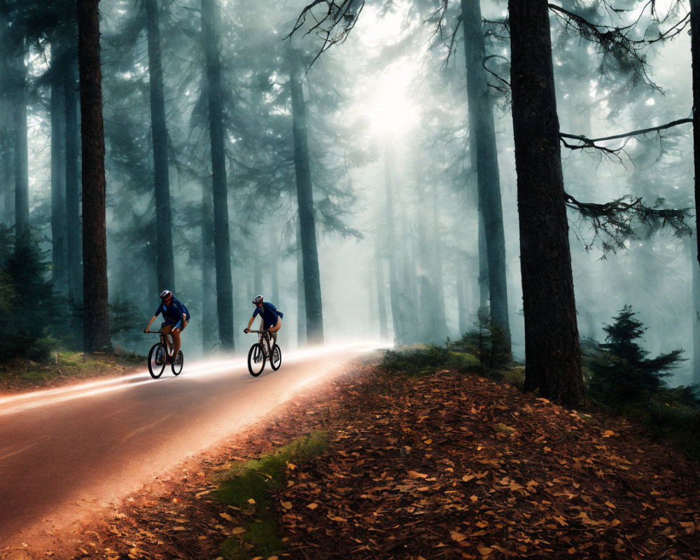 Forest path with two cyclists under soft sunlight among misty trees