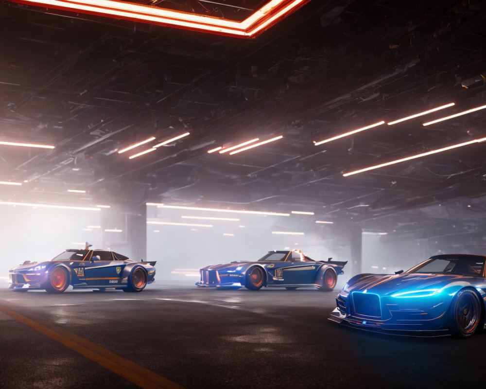 Futuristic race cars with blue and orange livery in dimly lit garage