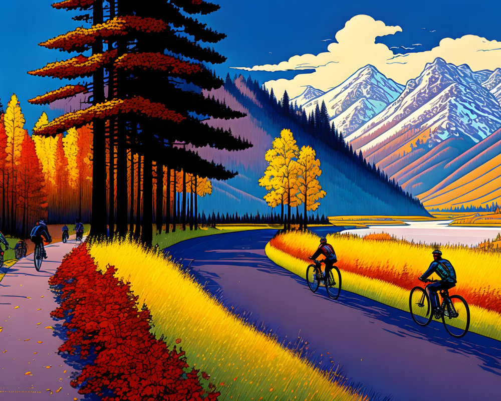 Colorful cyclists on autumn road with mountains and blue sky