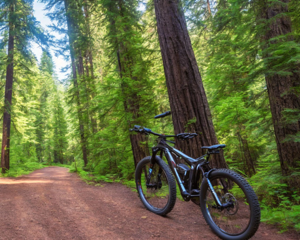 Mountain bikes on dirt path in lush green forest