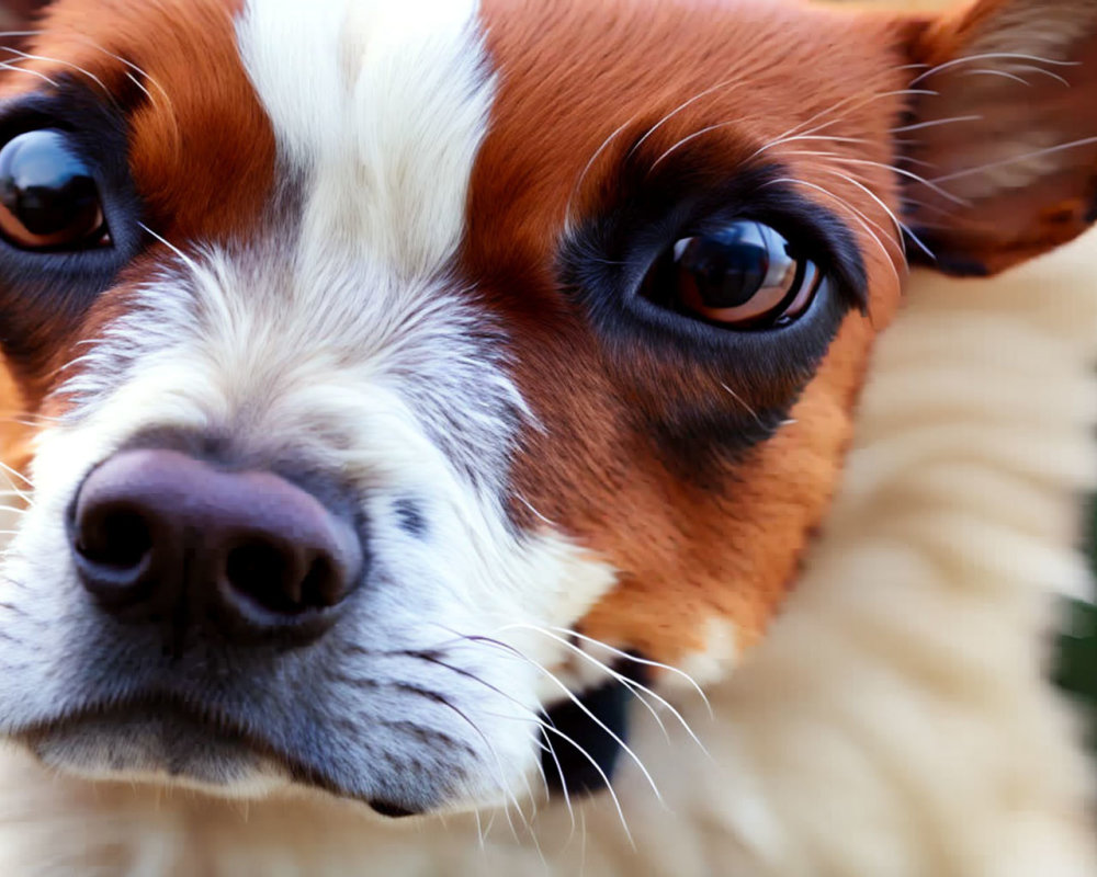 Brown and White Small Breed Dog with Expressive Eyes and Black Nose on Blurred Green Background