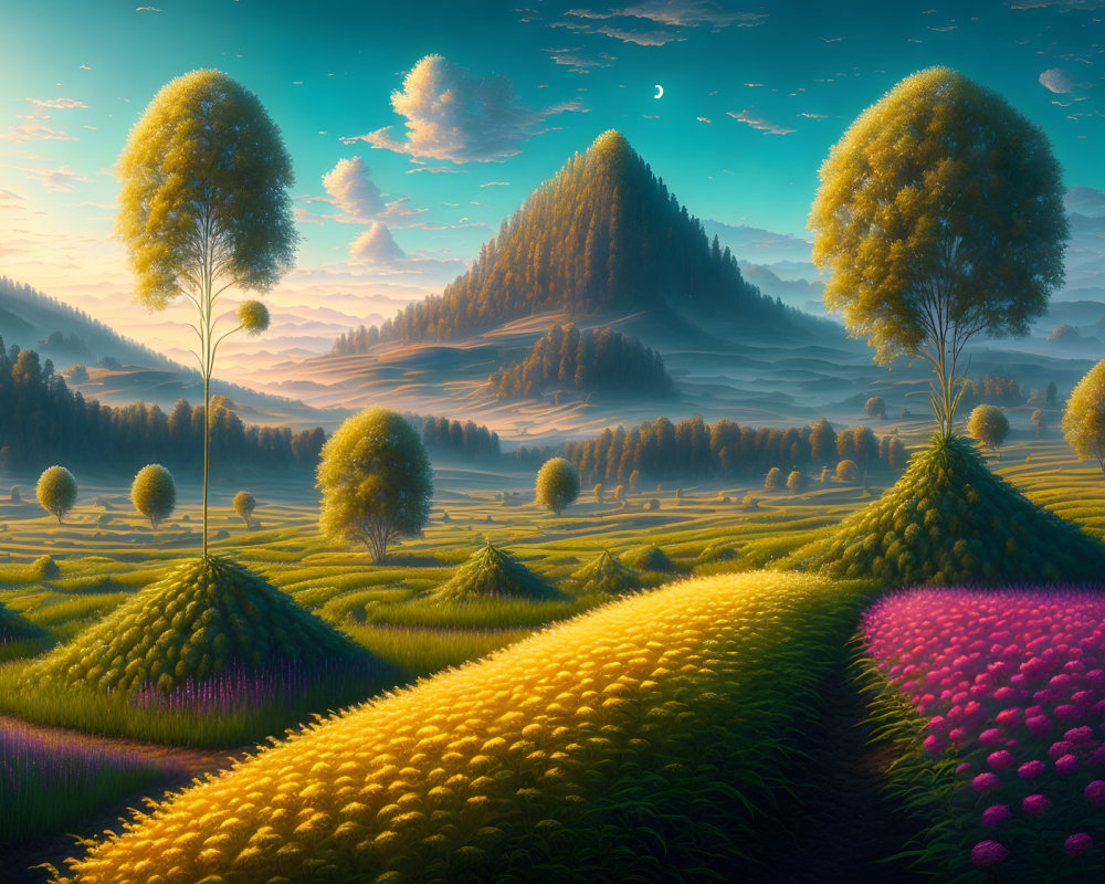 Vibrant yellow and pink grass in fantastical landscape with crescent moon