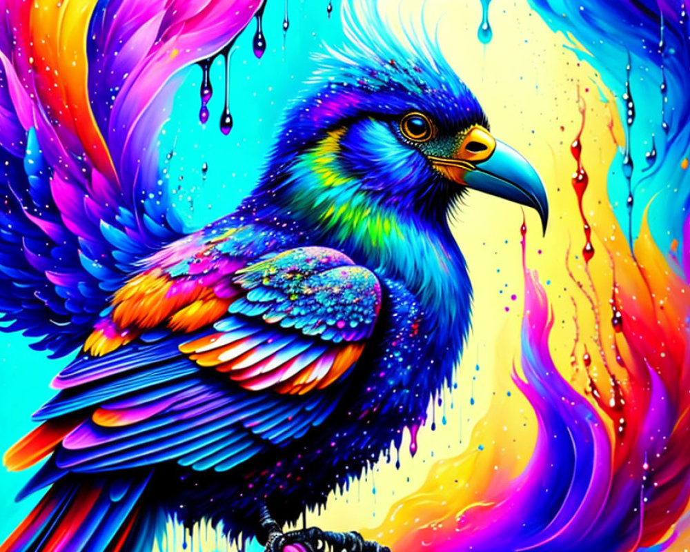 Multicolored bird digital artwork with dynamic background.