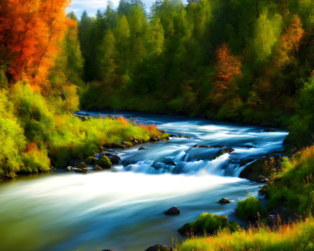 Scenic forest with vibrant autumn colors and flowing cascade