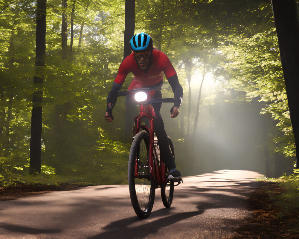 Cyclist in protective gear riding bike on forest road with sunlight filtering through trees