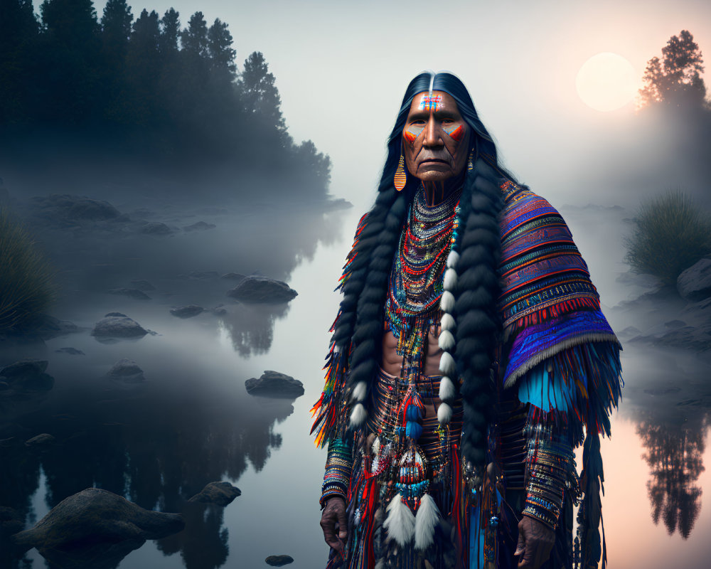 Indigenous Man in Traditional Attire by Misty River at Dusk