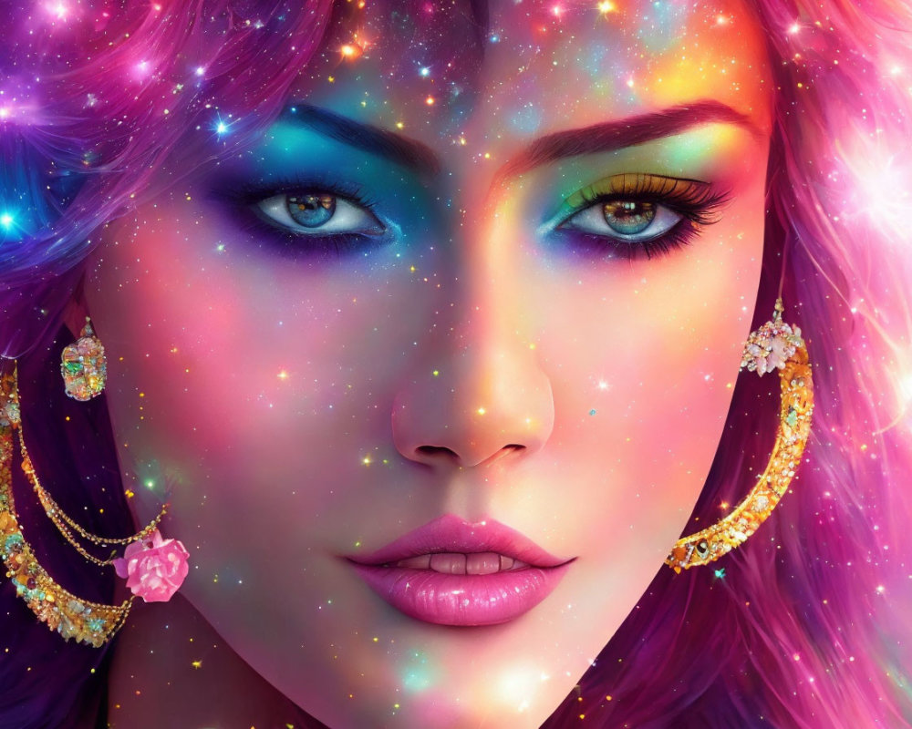 Cosmic-themed digital artwork of a woman with pink hair and elegant jewelry