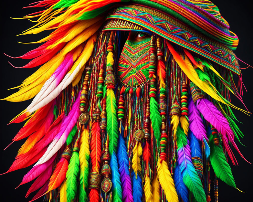 Colorful Feather Headdress Pattern on Black Background