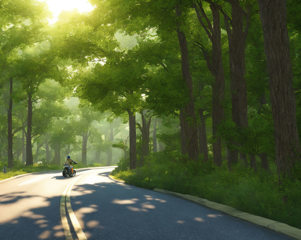 Curved Road Motorcycle Ride in Sunlit Forest