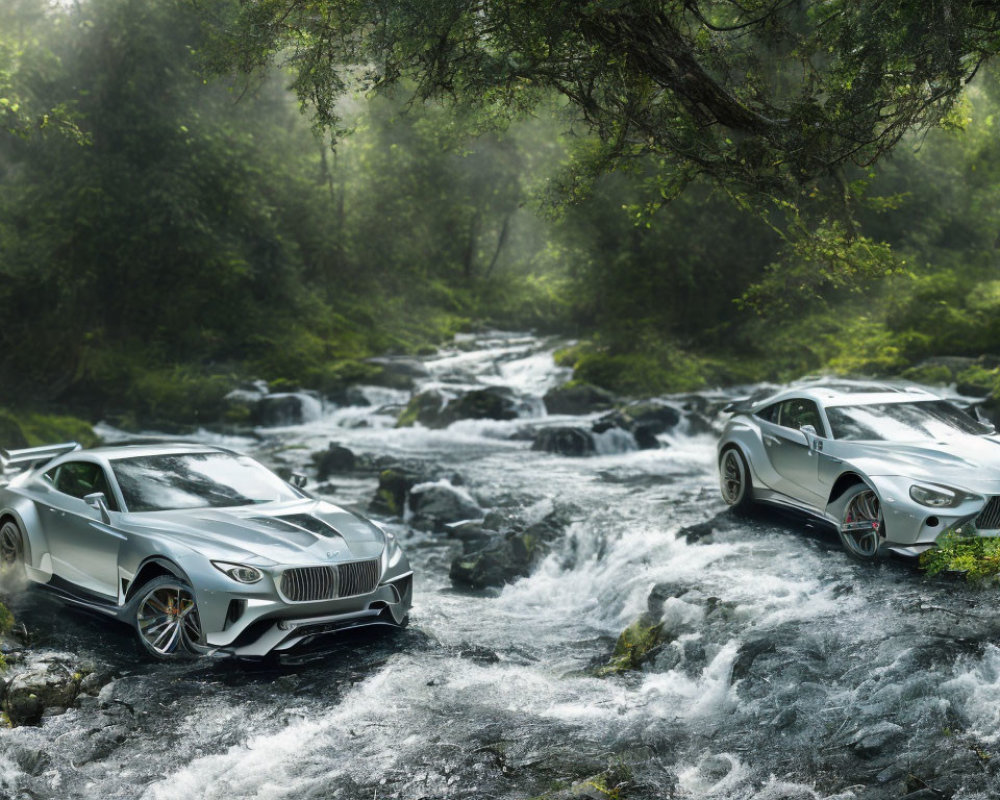 High-performance cars parked in misty forest streambed