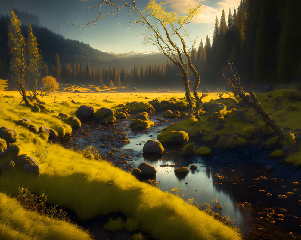 Tranquil landscape with stream, moss-covered rocks, and sunlit trees