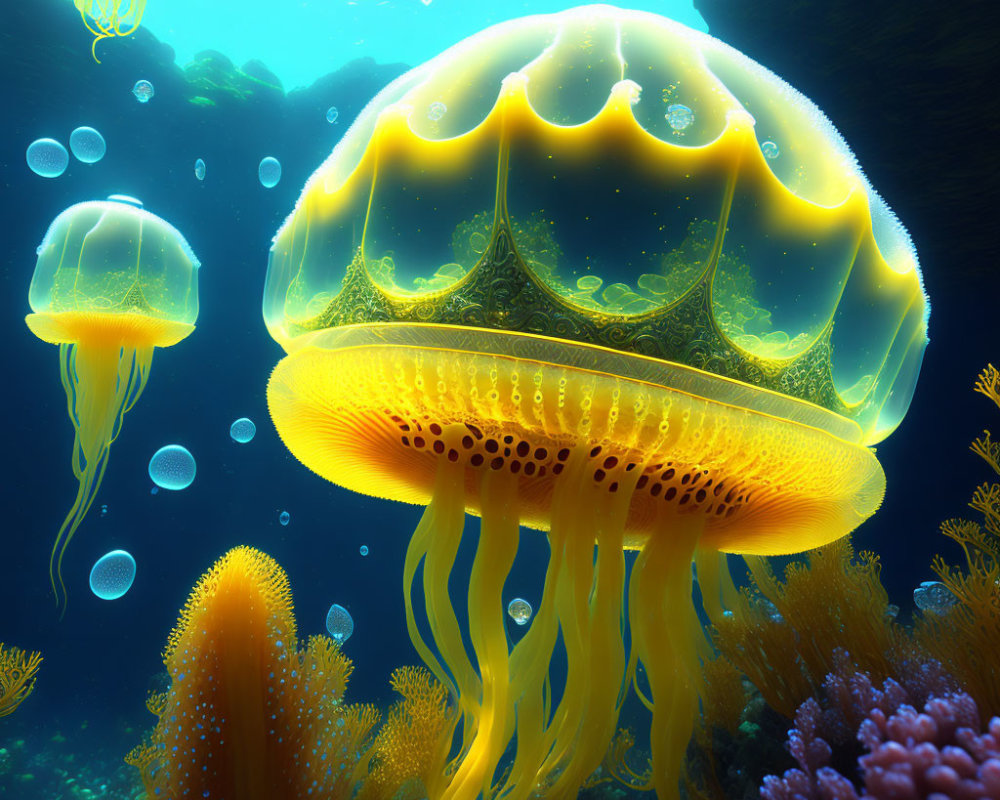 Vibrant underwater scene with glowing yellow jellyfish and coral