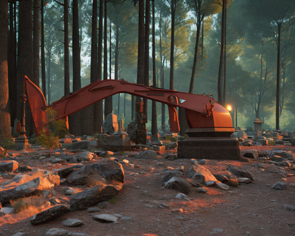 Red Excavator in Forest Sunset with Rocks and Trees