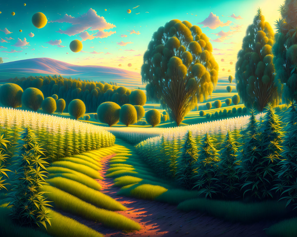 Surreal landscape with rich greenery and multiple moons in bright sky