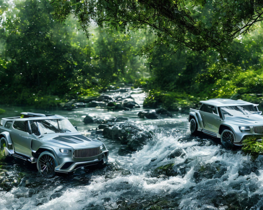 Futuristic SUVs crossing rocky stream in lush forest landscape