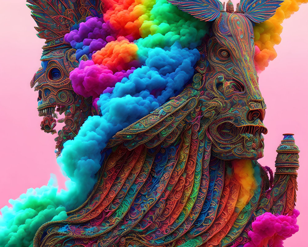 Colorful digital artwork of mythical creature with intricate patterns and cloud-like formations