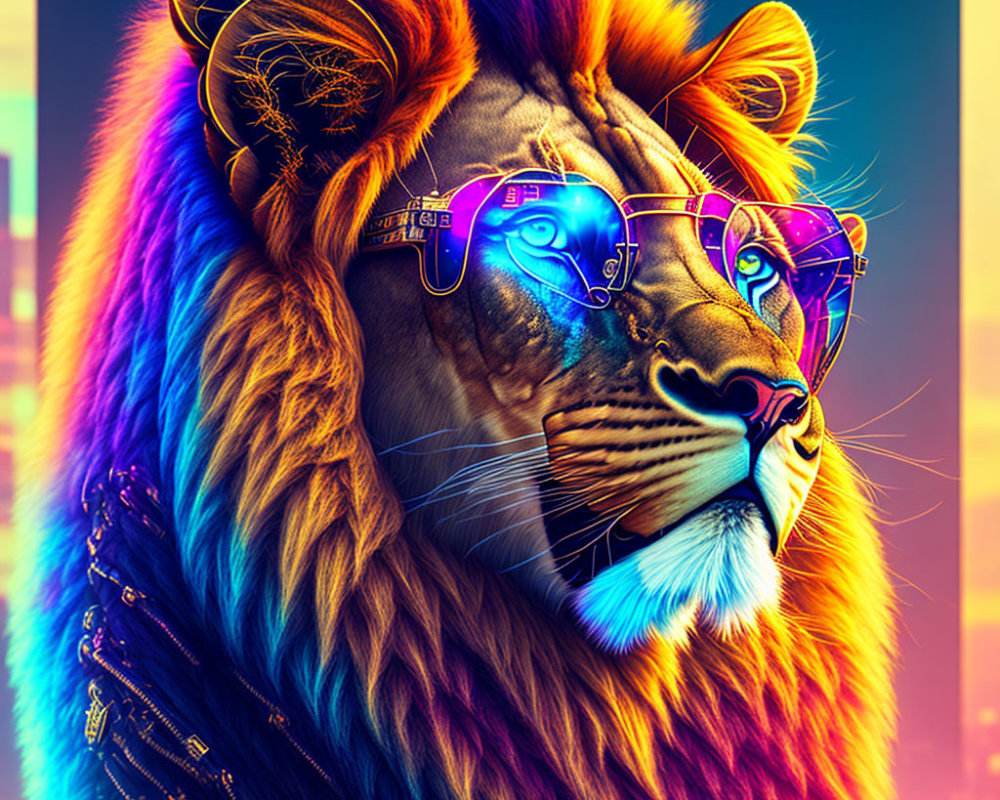 Neon-colored lion with futuristic glasses in cityscape.