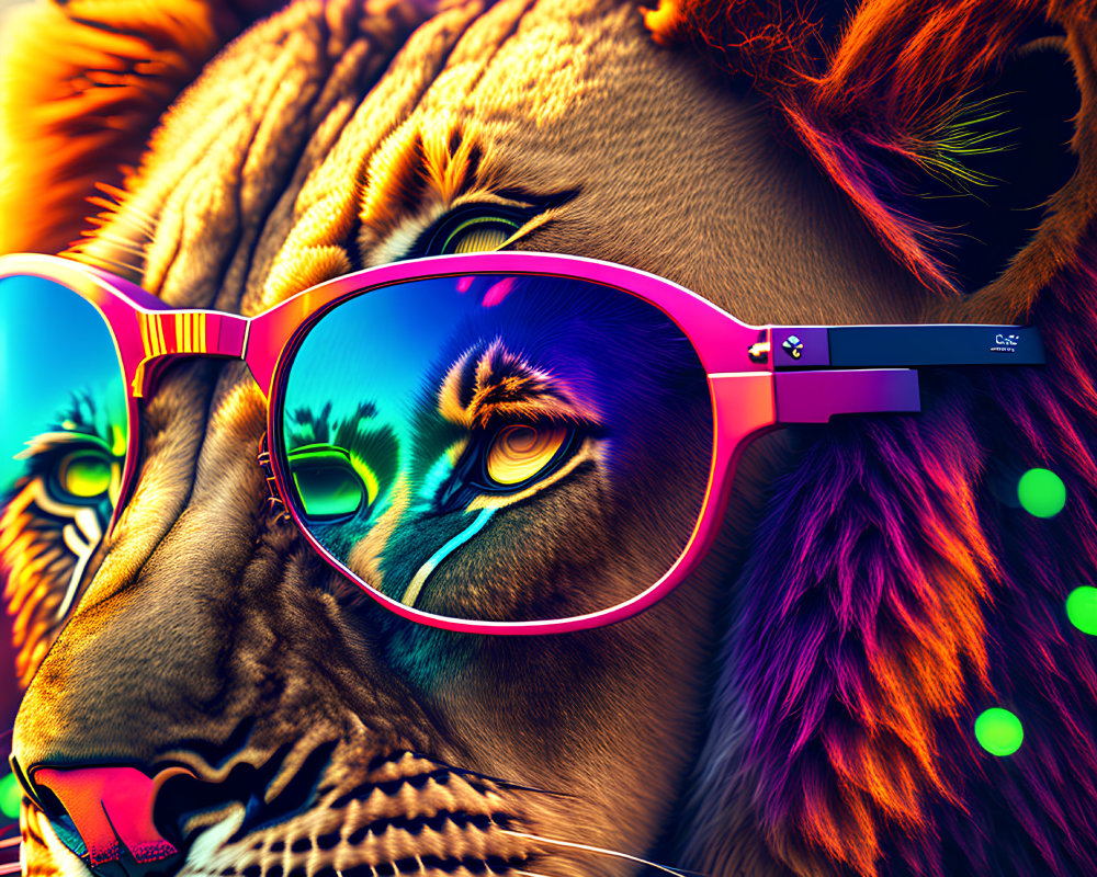 Colorful Digital Artwork: Lion in Sunglasses with Reflective Neon Background