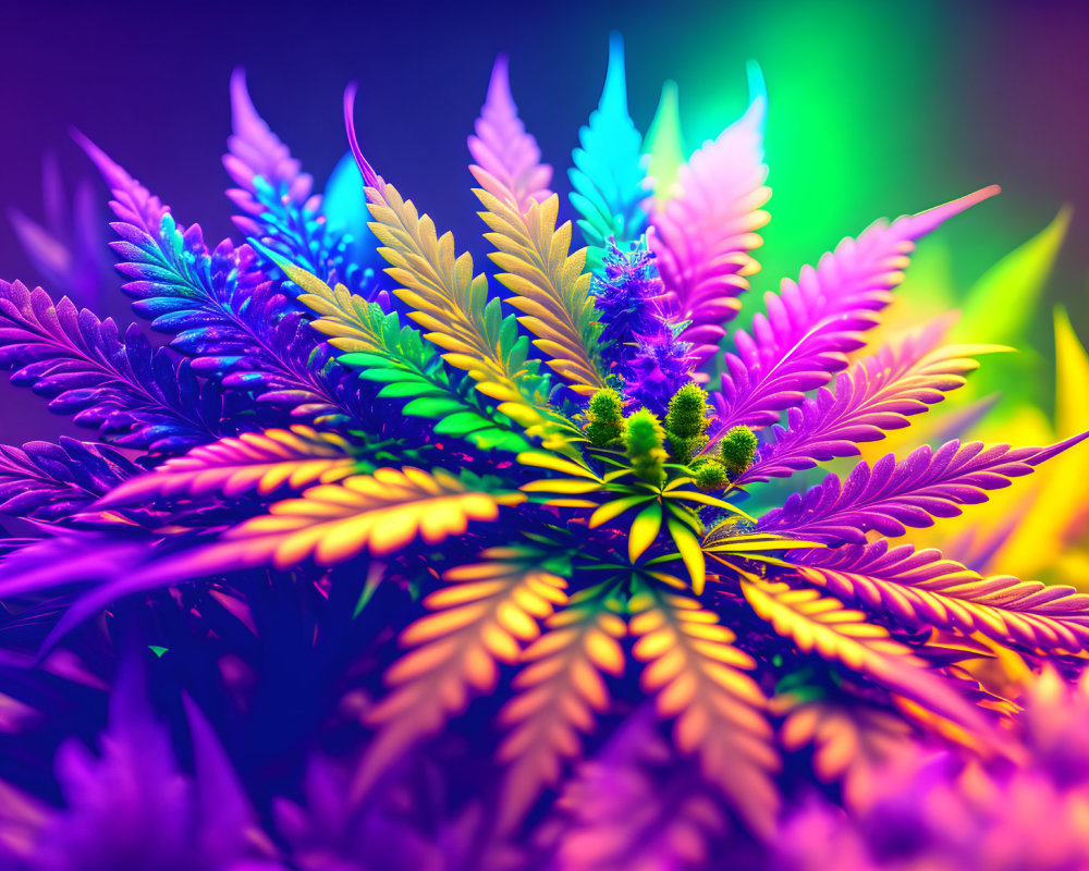 Colorful Close-Up of Cannabis Plant Leaves in Neon Shades