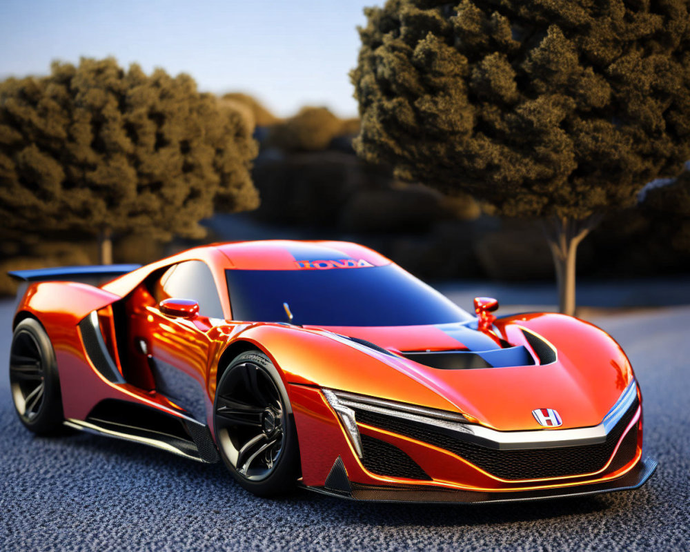 Red and Black Honda Sports Car on Asphalt Road at Dusk