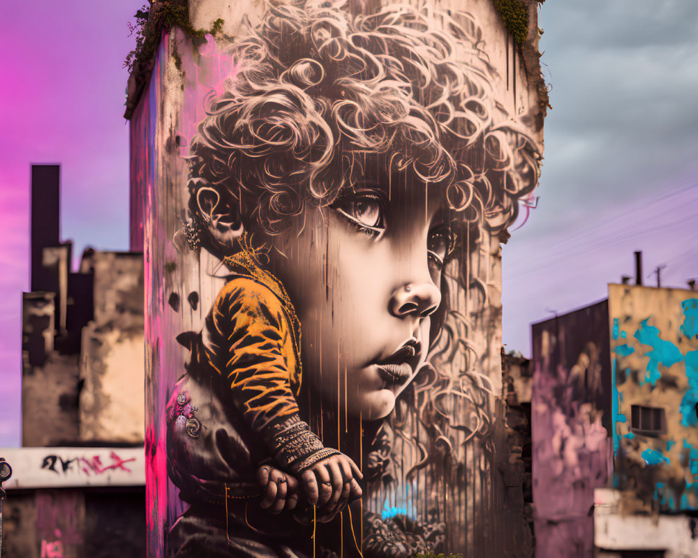 Colorful street art mural featuring child with curly hair against vibrant sky.