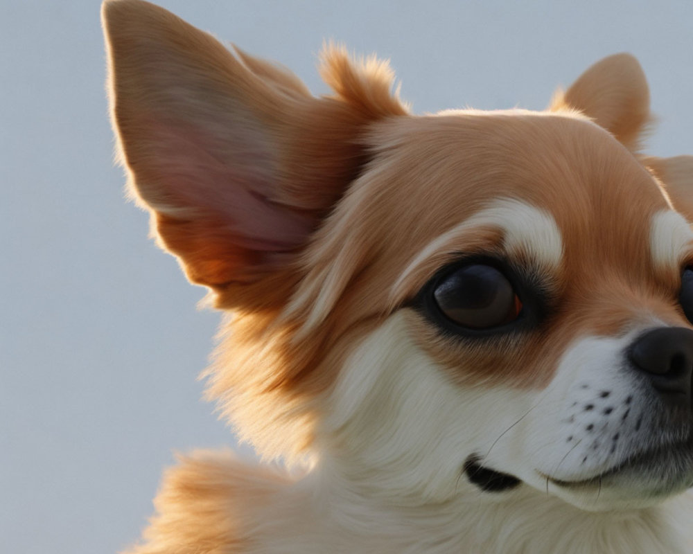 Tan and White Chihuahua with Perked Ear on Pale Sky Background