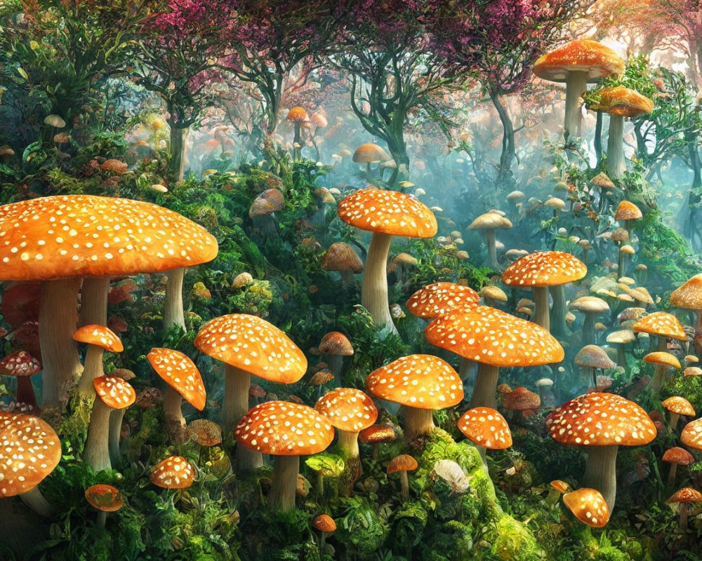 Vibrant oversized orange mushrooms in lush forest setting