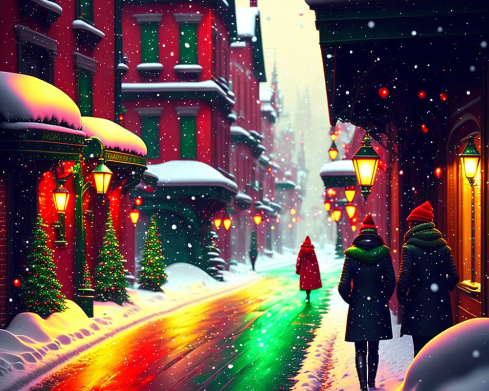 Snowy city street at night with colorful lights, two people walking.