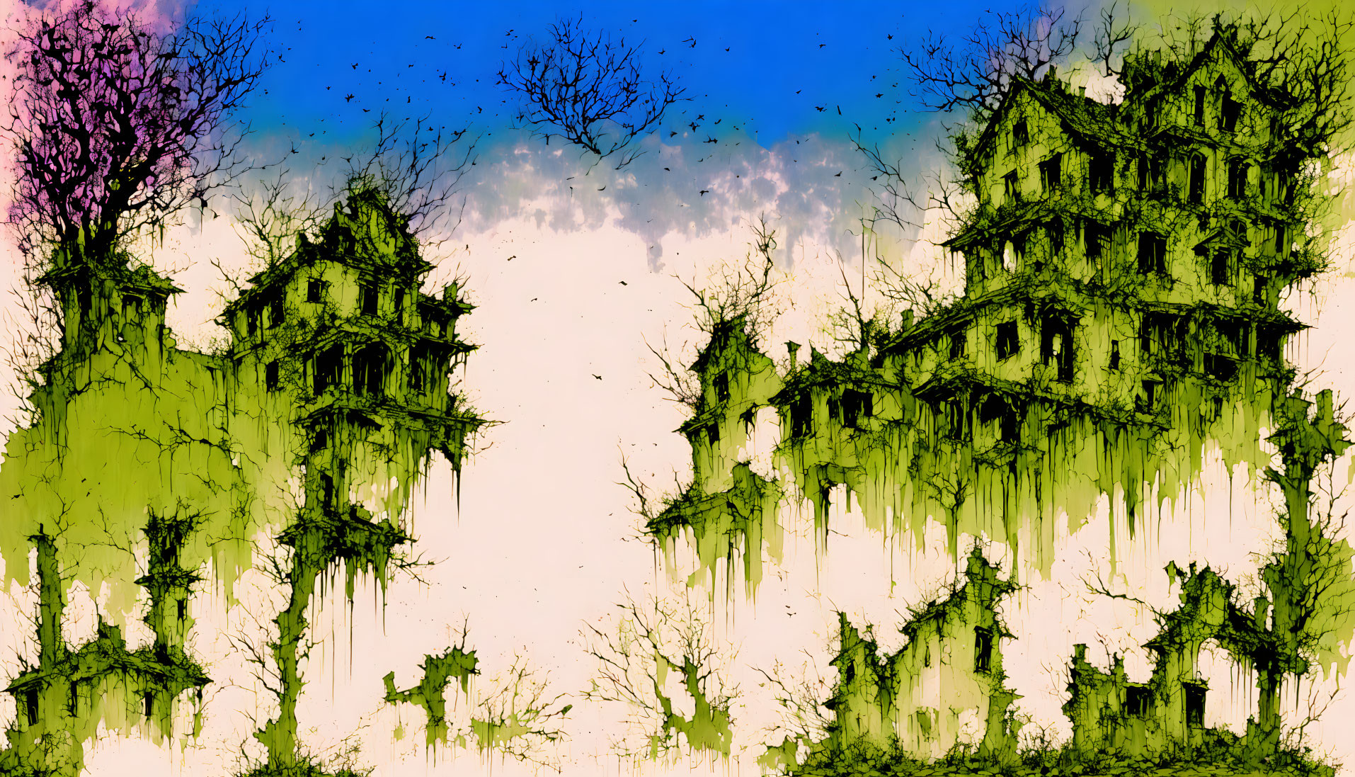 Mirrored alien landscape with green and brown fantasy structures