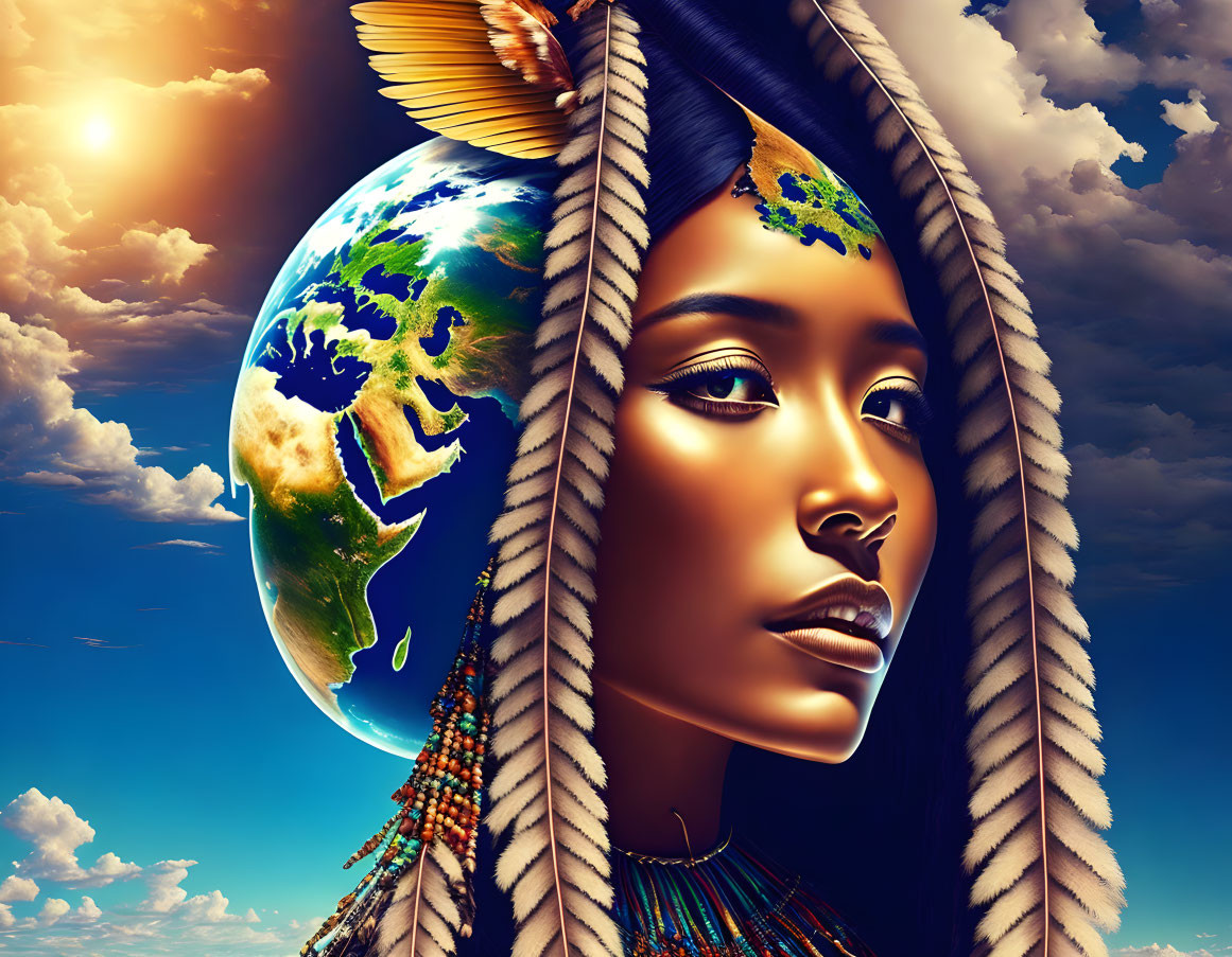 Digital artwork featuring woman's face with tribal adornment and feathers in Earth-inspired setting.