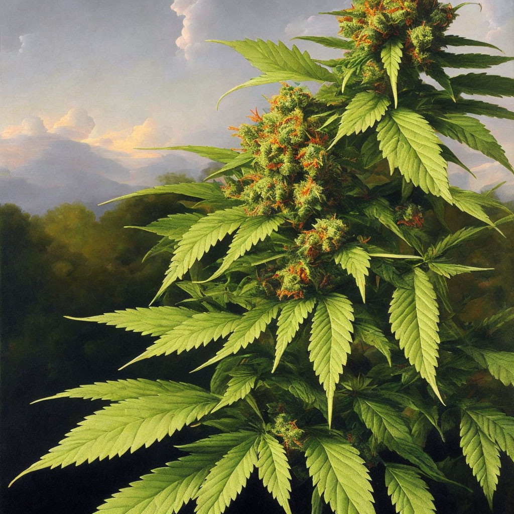 Lush green cannabis plant with dense buds against serene mountain backdrop