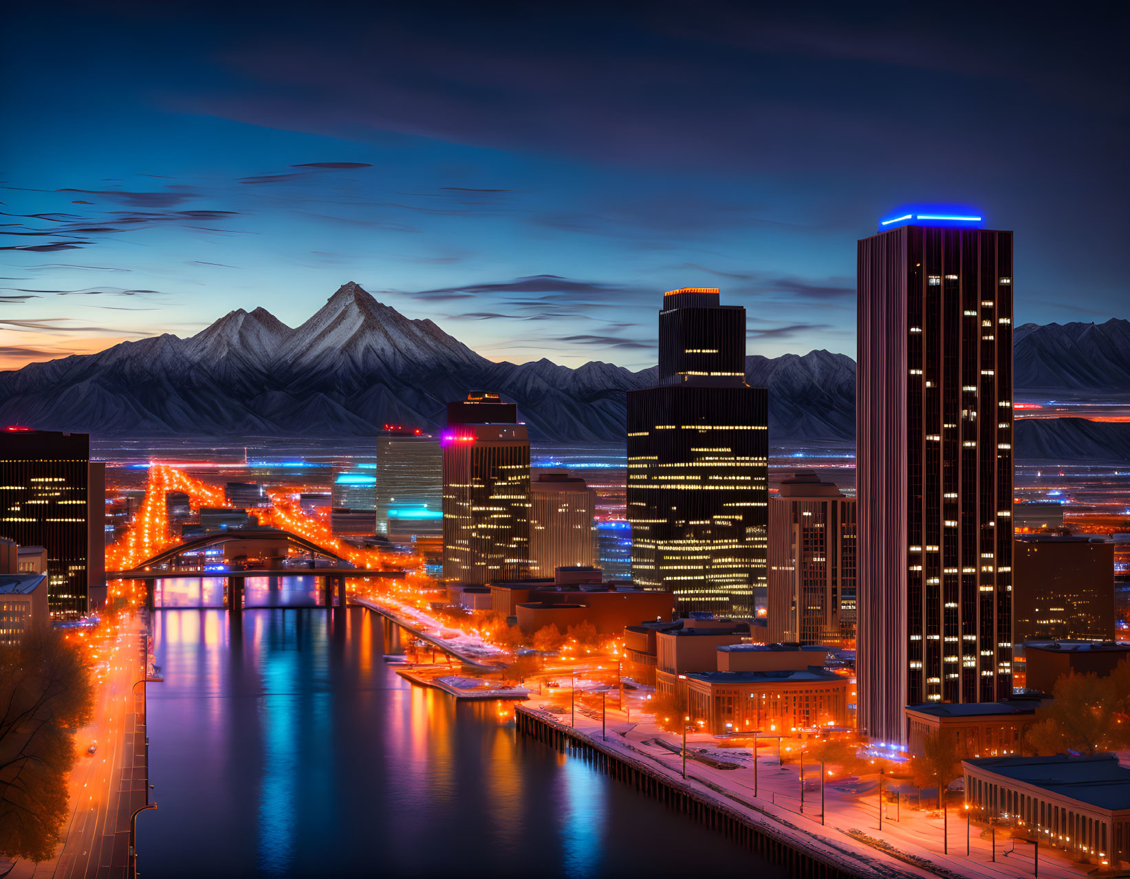 Cityscape with illuminated skyscrapers, lit bridge, and snowy mountains at dusk