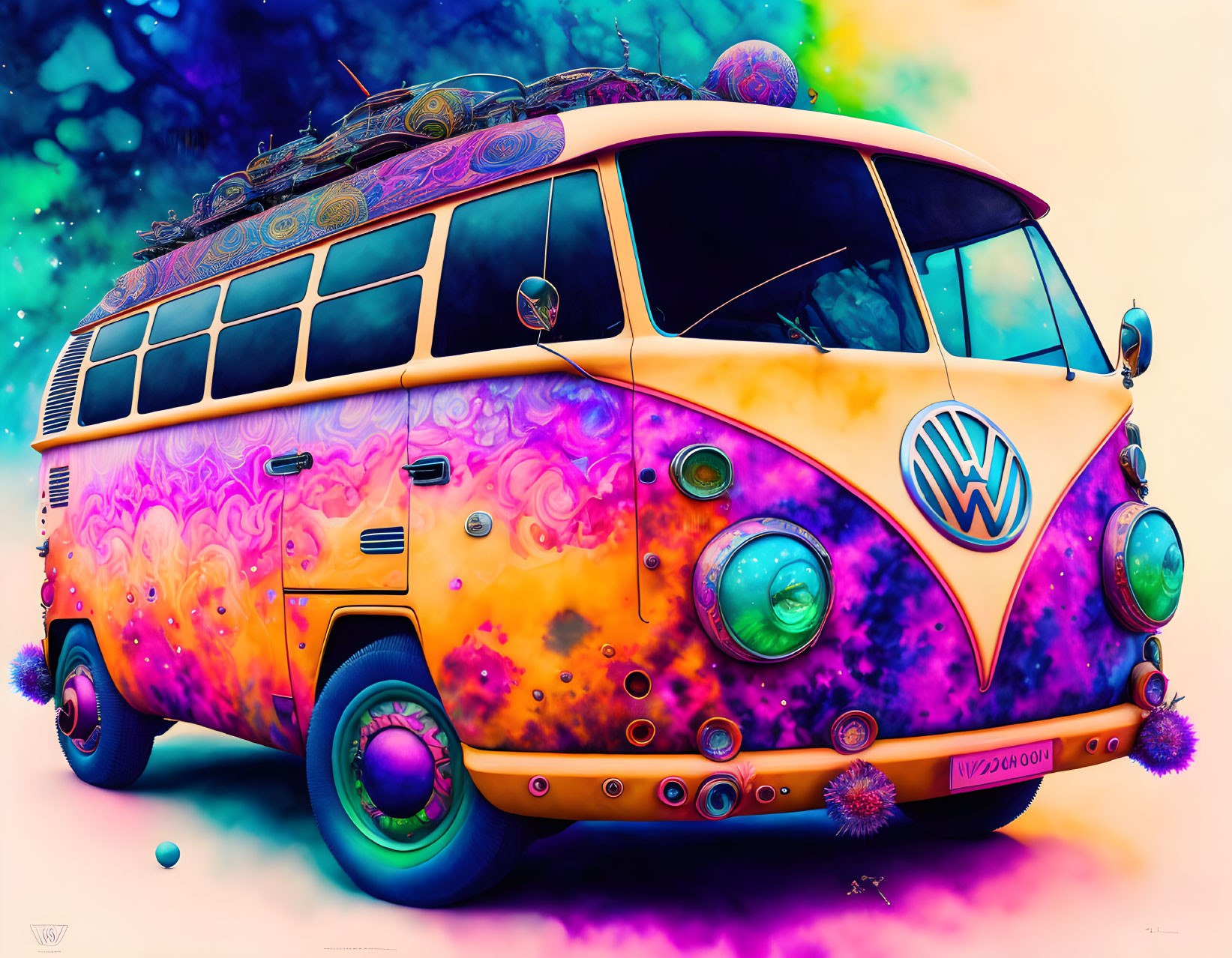 Colorful Psychedelic Vintage Volkswagen Bus Illustration