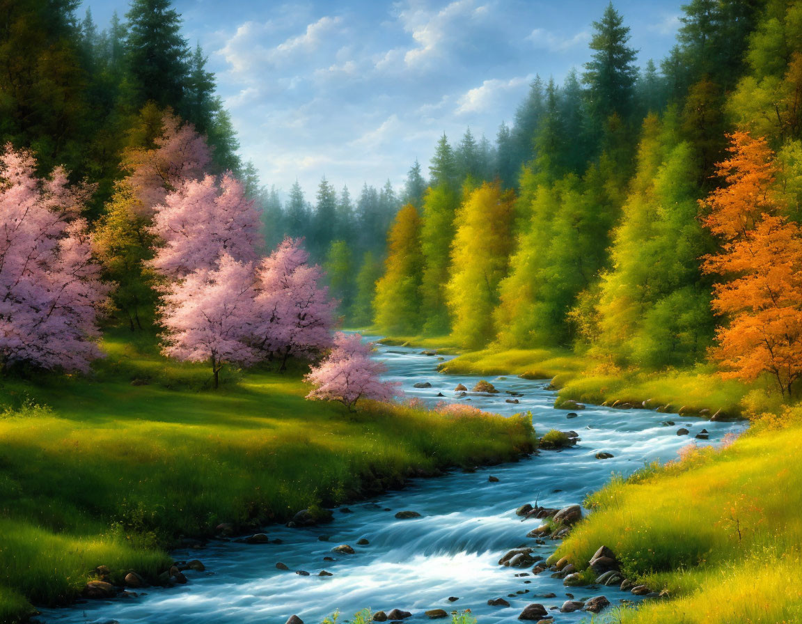 Tranquil landscape with babbling brook, vibrant forest, pink trees, and golden light