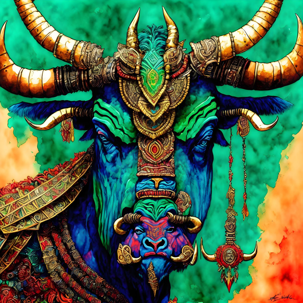 Colorful Ornate Bull with Intricate Decorations on Emerald Green Background