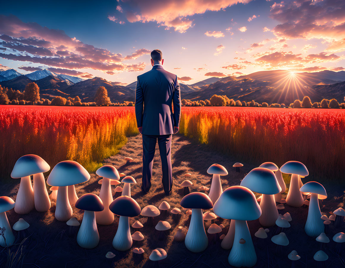 Man in suit at edge of surreal field with oversized mushrooms under vibrant sunset and mountains.