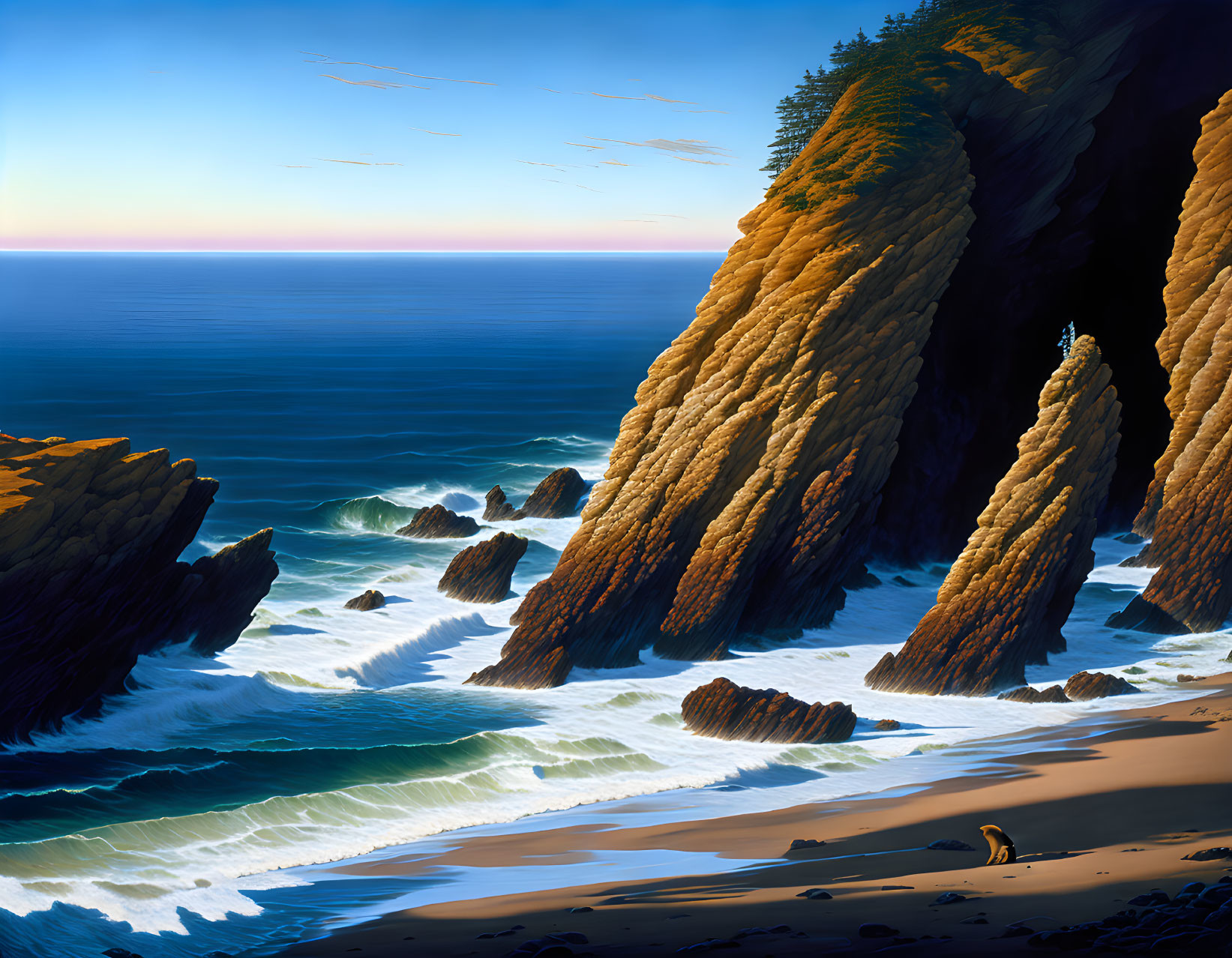 Seascape featuring towering cliffs, turbulent waves, serene beach, sunset sky