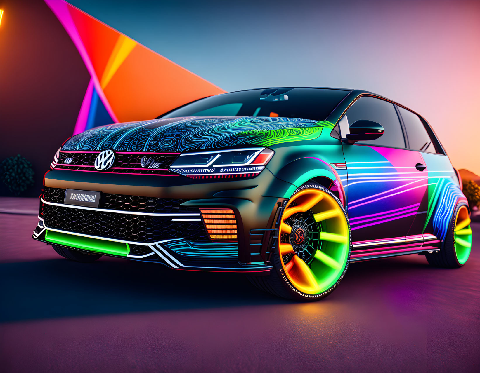 Colorful Volkswagen Golf with neon designs on geometric backdrop at twilight