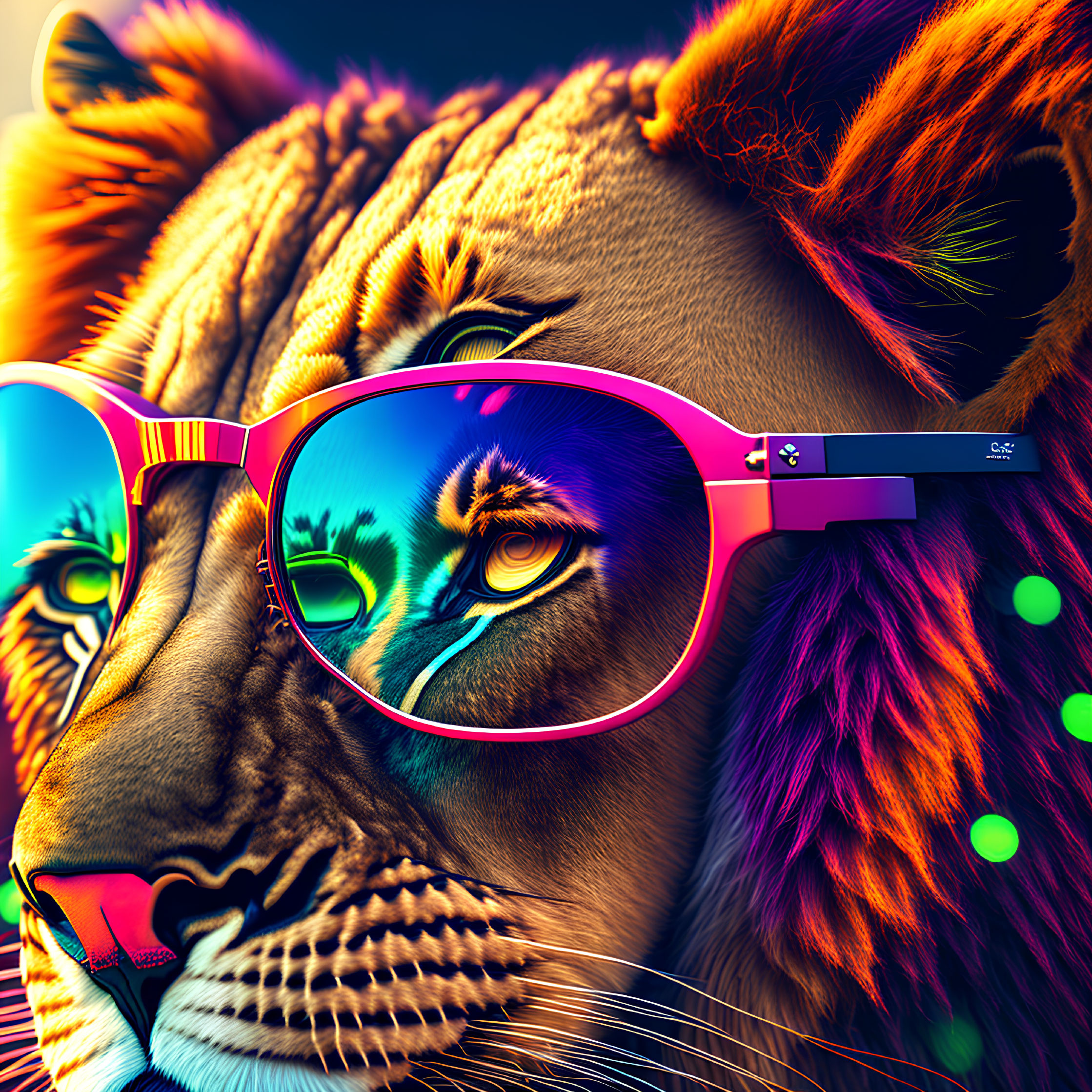 Colorful Digital Artwork: Lion in Sunglasses with Reflective Neon Background