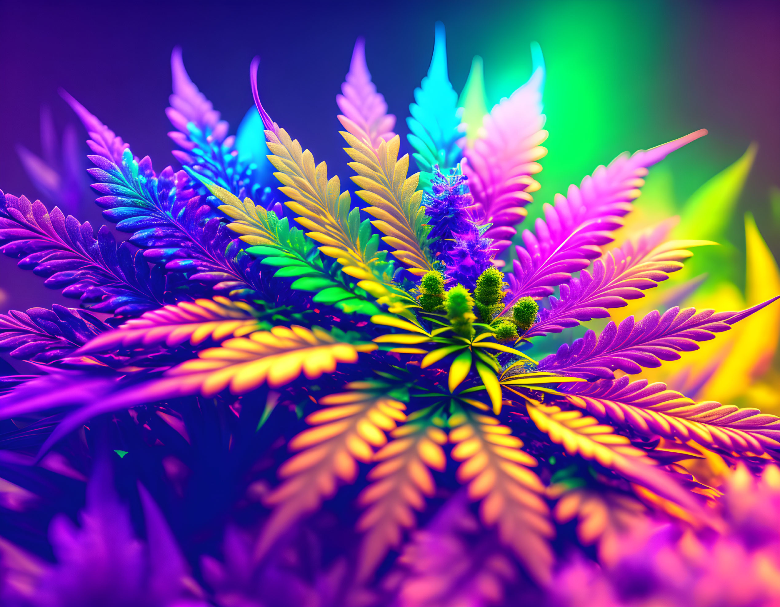 Colorful Close-Up of Cannabis Plant Leaves in Neon Shades