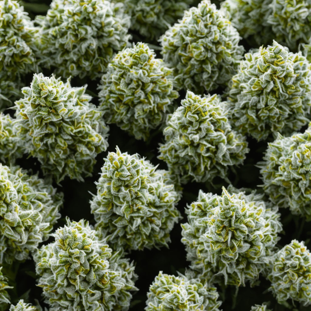 Multiple Dense Frosty Cannabis Buds with Crystalline Trichomes