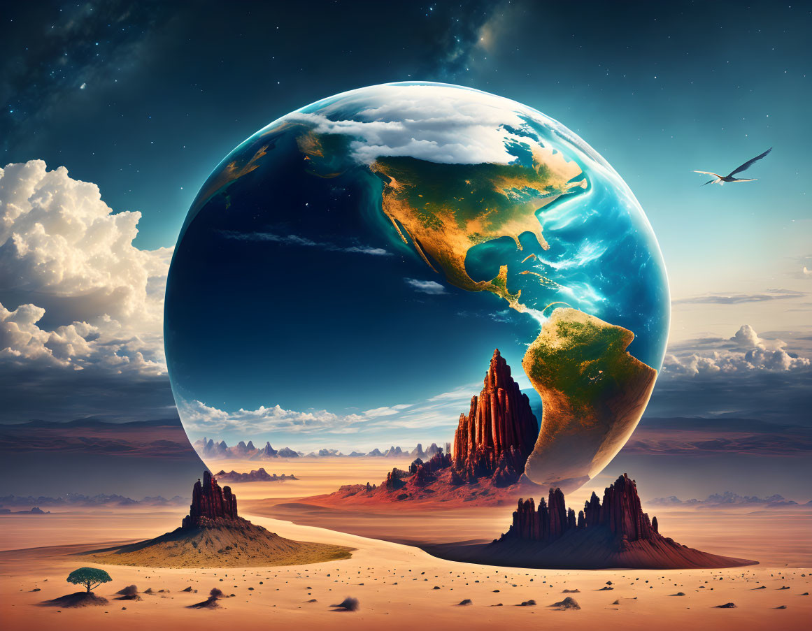 Surreal landscape with oversized Earth, desert buttes, bird, and lone tree