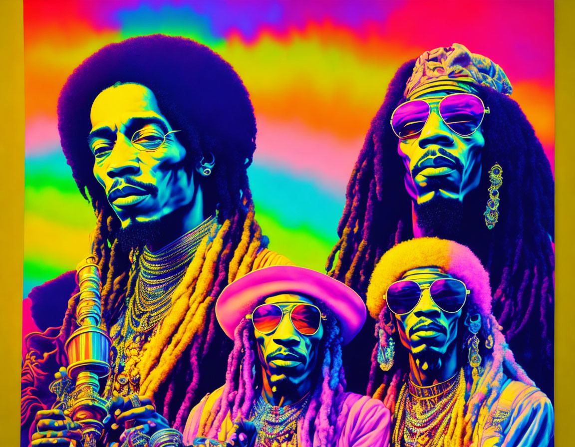 Four individuals with dreadlocks and sunglasses in a psychedelic edit against a multicolored background