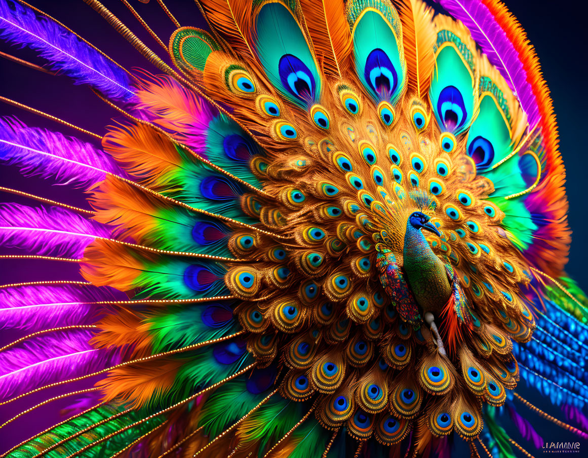 Colorful peacock with blues, greens, and golds on dark backdrop