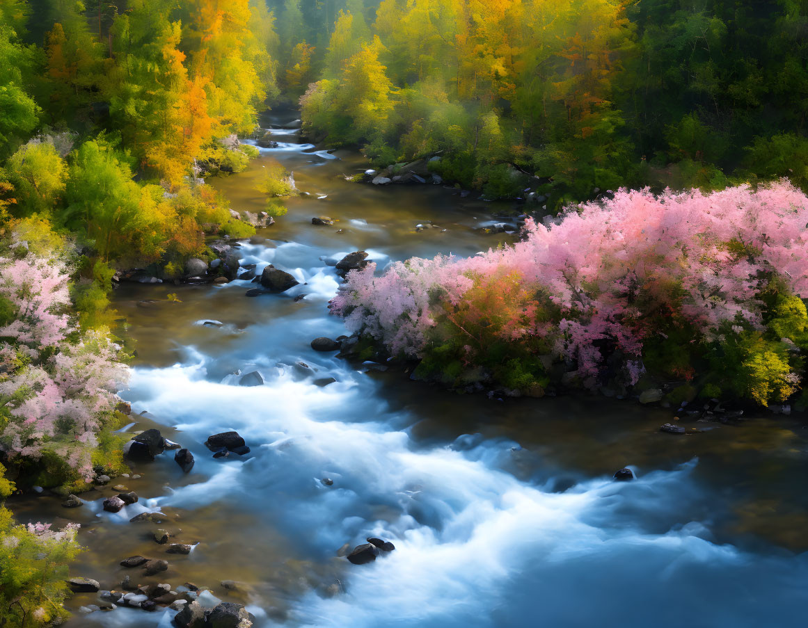 Colorful Forest River Scene with Autumn Hues and Cherry Blossoms