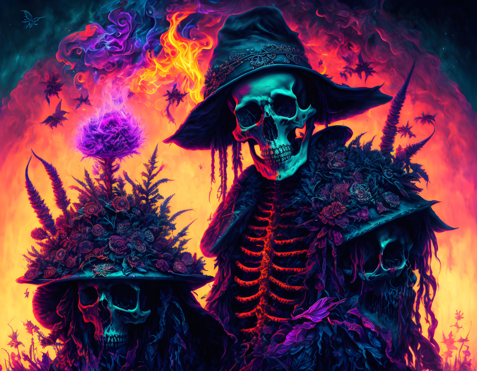 Colorful digital illustration: Skeleton pirates in neon magical setting