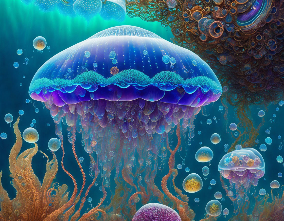 Colorful Digital Artwork: Intricate Jellyfish in Underwater Scene