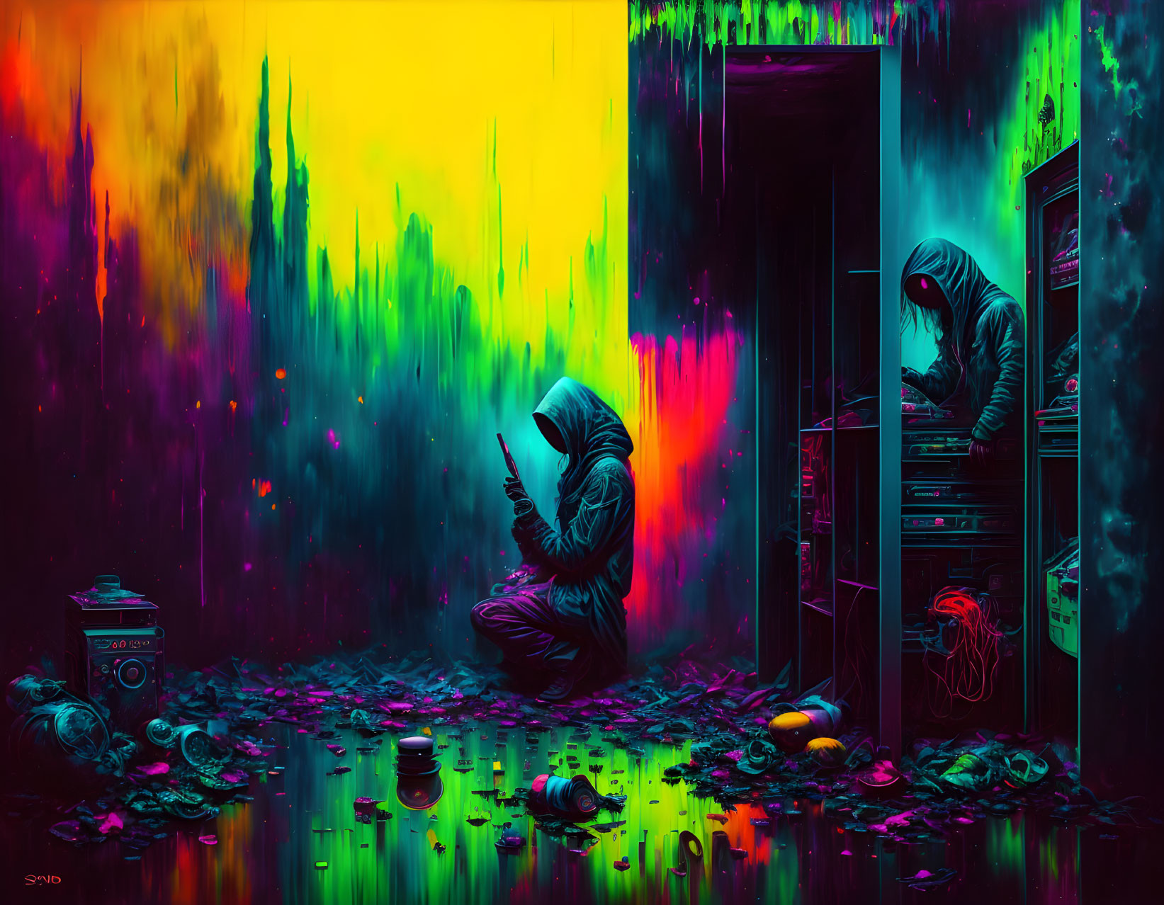 Colorful Digital Artwork: Person in Hoodie Surrounded by Electronic Waste