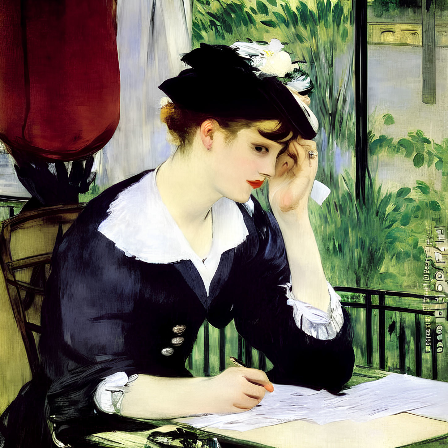 Woman in Black Hat Writing Letter Outdoors